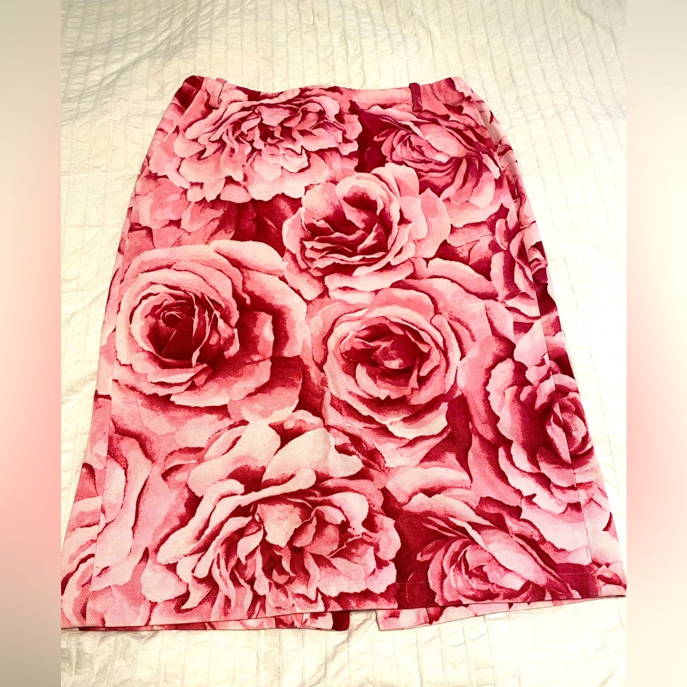 MaxMara pink rose print denim cotton skirt size 6